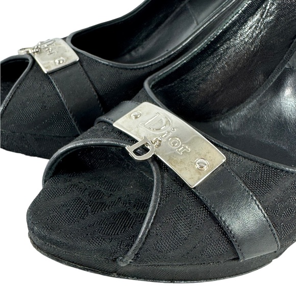 DIOR Black Monogram Canvas Open Peep Toe Logo Plaque Heels 39.5 - 9.5 - Picture 6 of 13